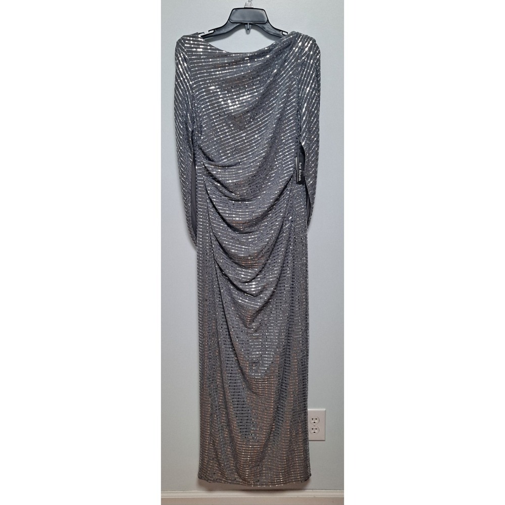 NWT Size 12 R&M Richards Full Length Back Sleeve Silver Metalllic Gown